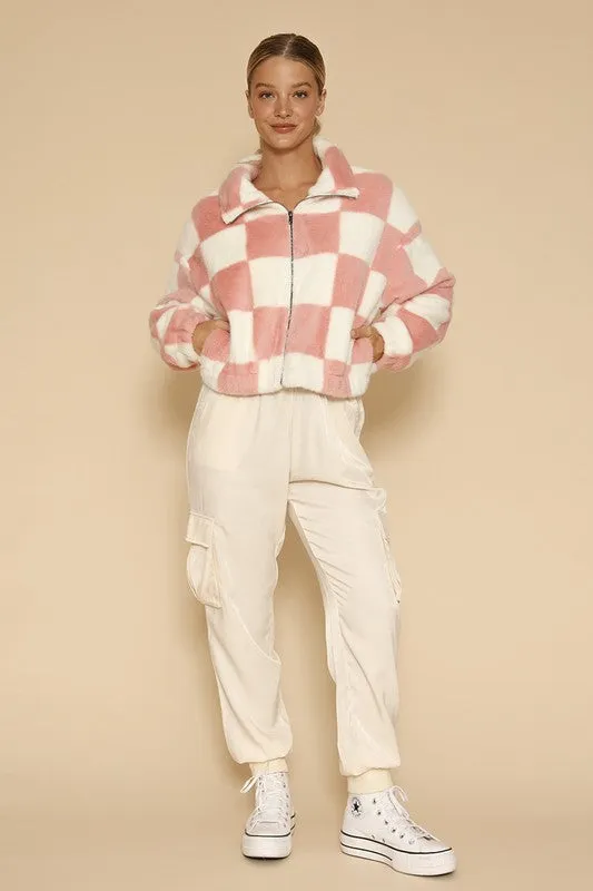 Fuzzy checkered zip front jacket sold by Charming Charlie product image thumbnail 4