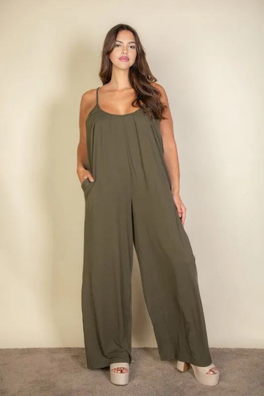 Plus Spaghetti strap solid wide jumpsuit sold by Charming Charlie
