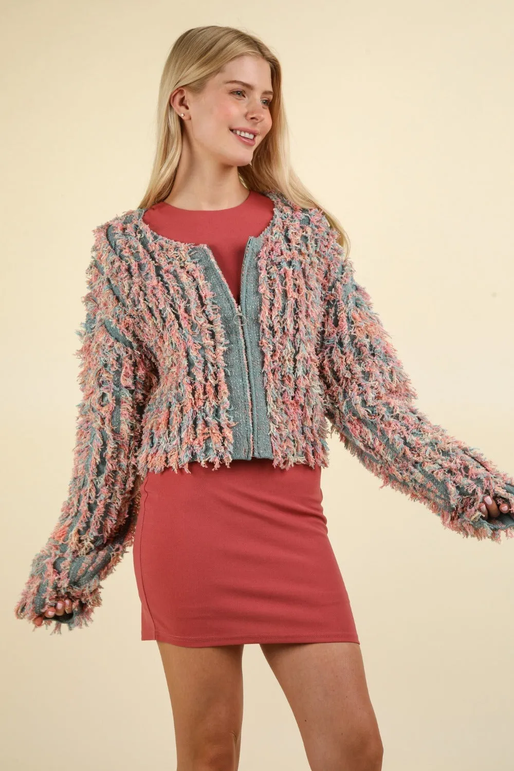 VERY J Shaggy Yarn Knit Zip Up Jacket sold by Charming Charlie product image thumbnail 4