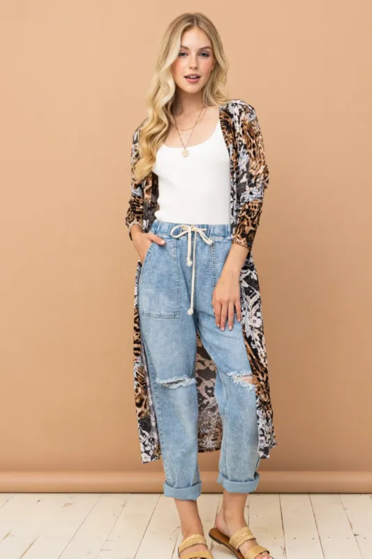 And The Why Leopard Kimono Open Front Longline Cardigan sold by Charming Charlie