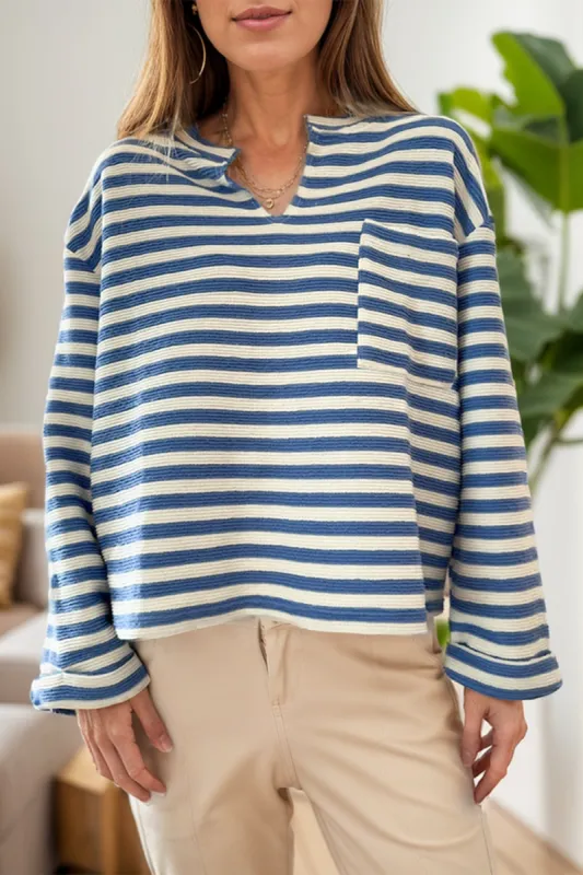 Striped Notched Long Sleeve Top sold by Charming Charlie