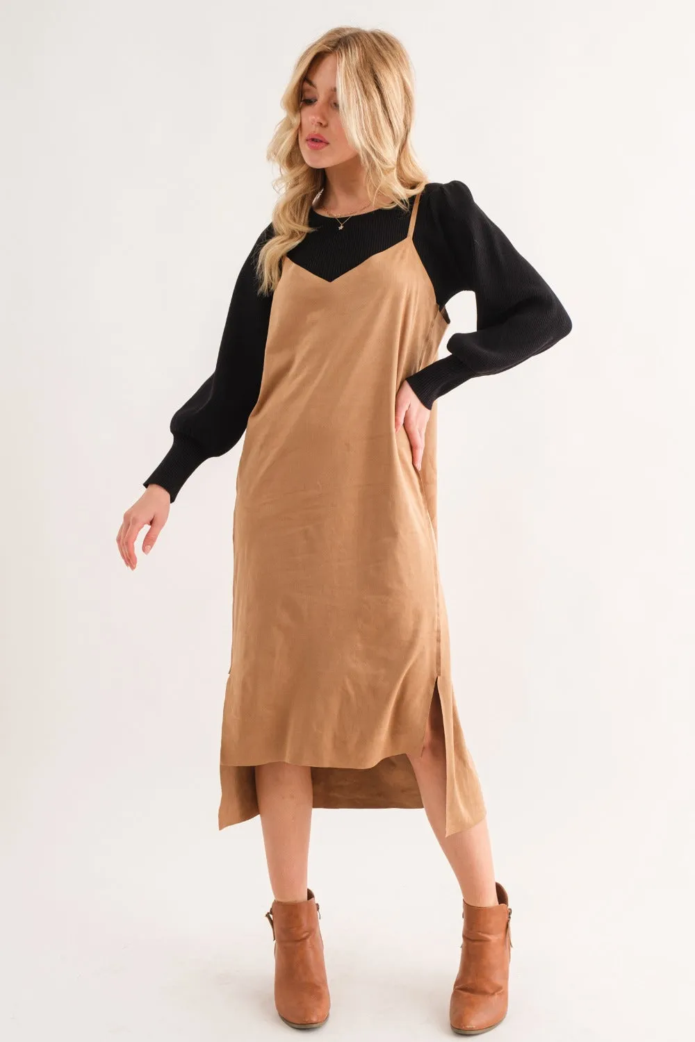 And The Why Faux Suede Cut Edge Slit Cami Midi Dress sold by Charming Charlie product image thumbnail 5