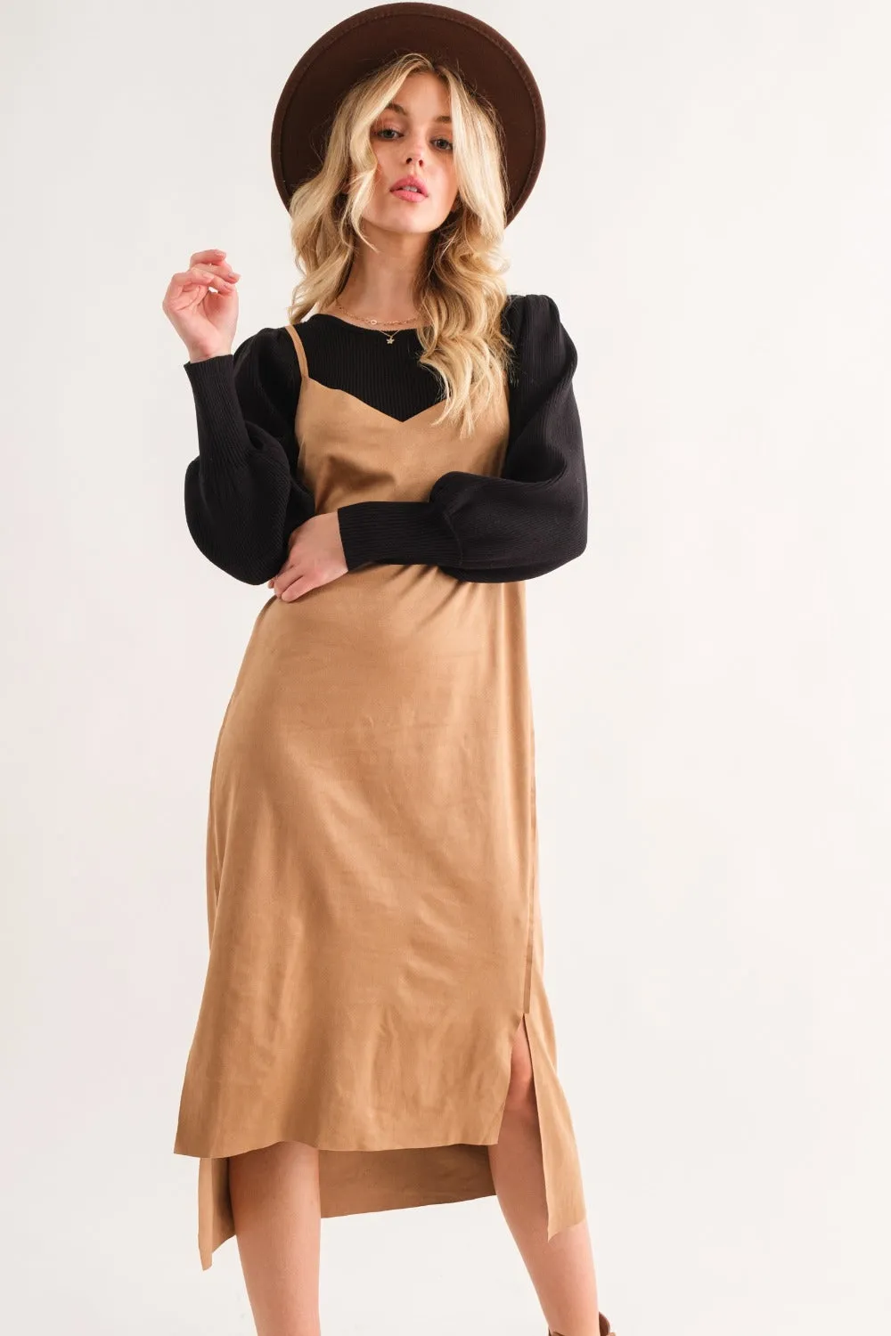 And The Why Faux Suede Cut Edge Slit Cami Midi Dress sold by Charming Charlie product image thumbnail 3
