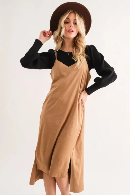 And The Why Faux Suede Cut Edge Slit Cami Midi Dress sold by Charming Charlie