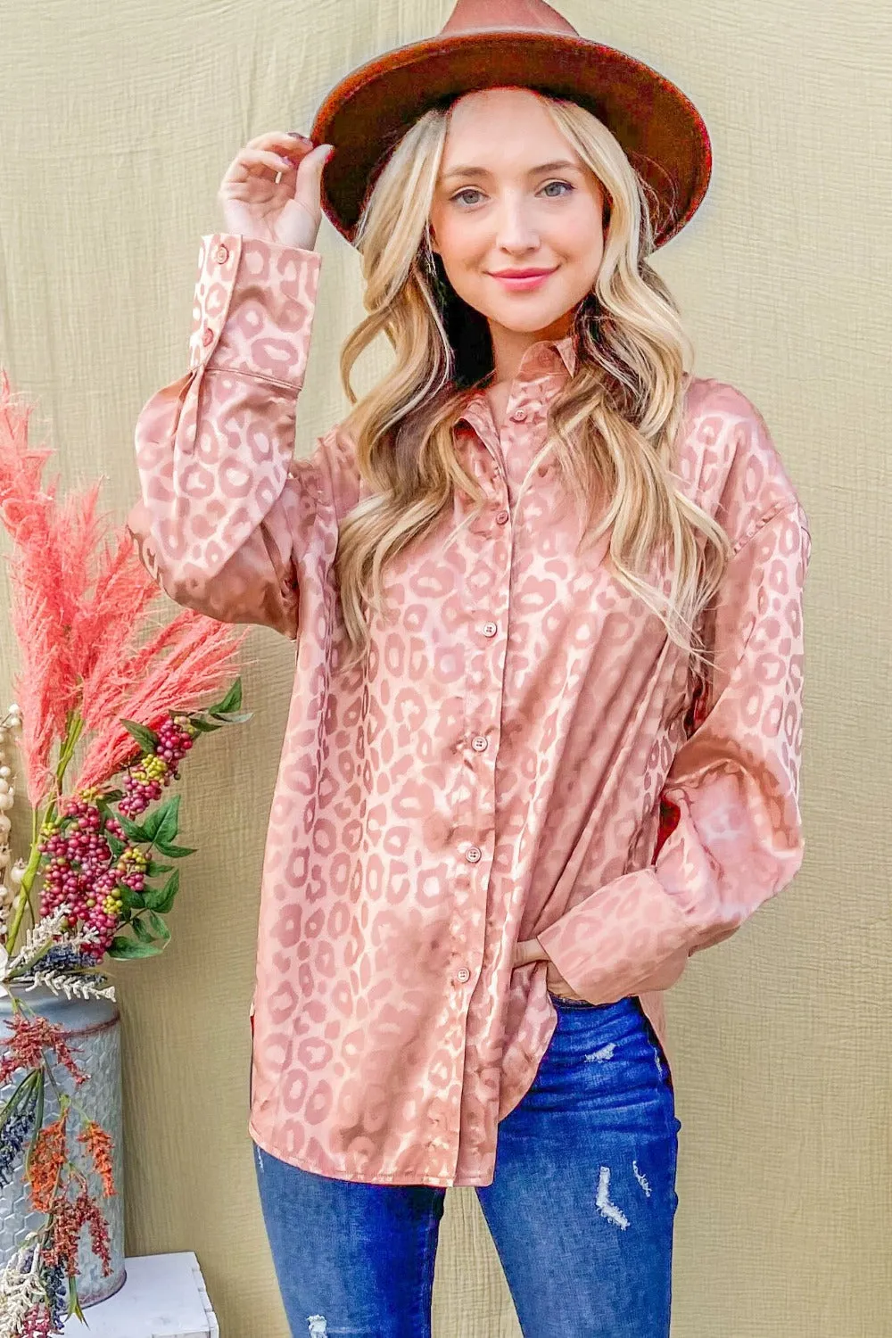 And The Why Satin Leopard Button Up Curved Hem Shirt sold by Charming Charlie