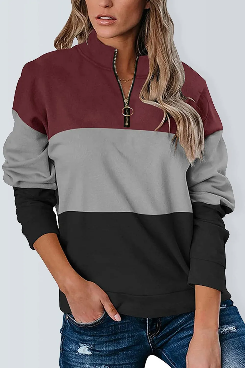 Full Size Color Block Quarter Zip Long Sleeve Sweatshirt sold by Charming Charlie product image thumbnail 4