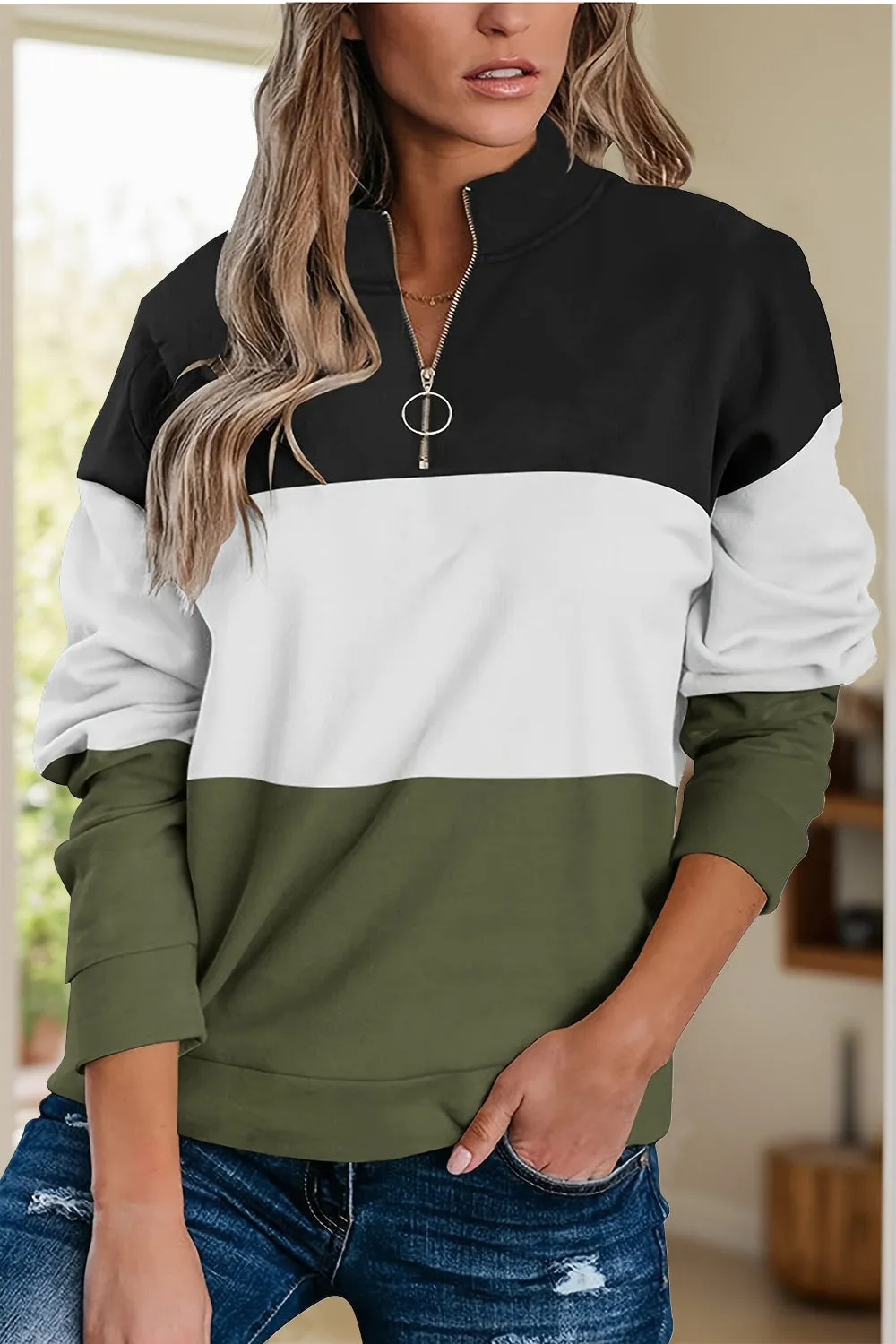 Full Size Color Block Quarter Zip Long Sleeve Sweatshirt sold by Charming Charlie