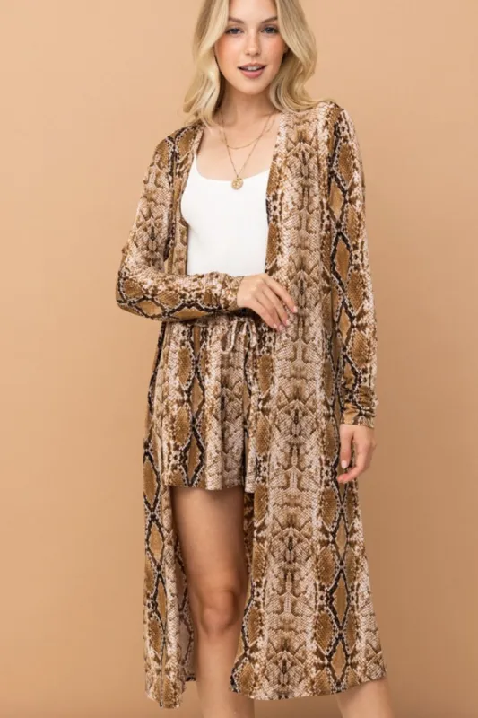 And The Why Snake Print Kimono Open Front Longline Cardigan sold by Charming Charlie