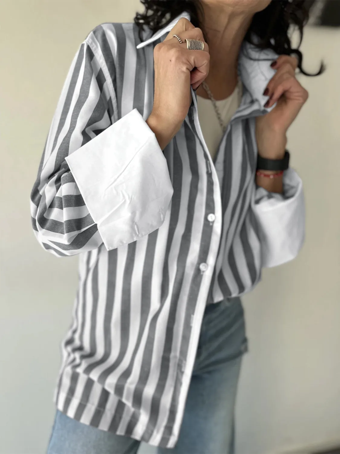 Striped Collared Neck Long Sleeve Shirt sold by Charming Charlie product image thumbnail 4