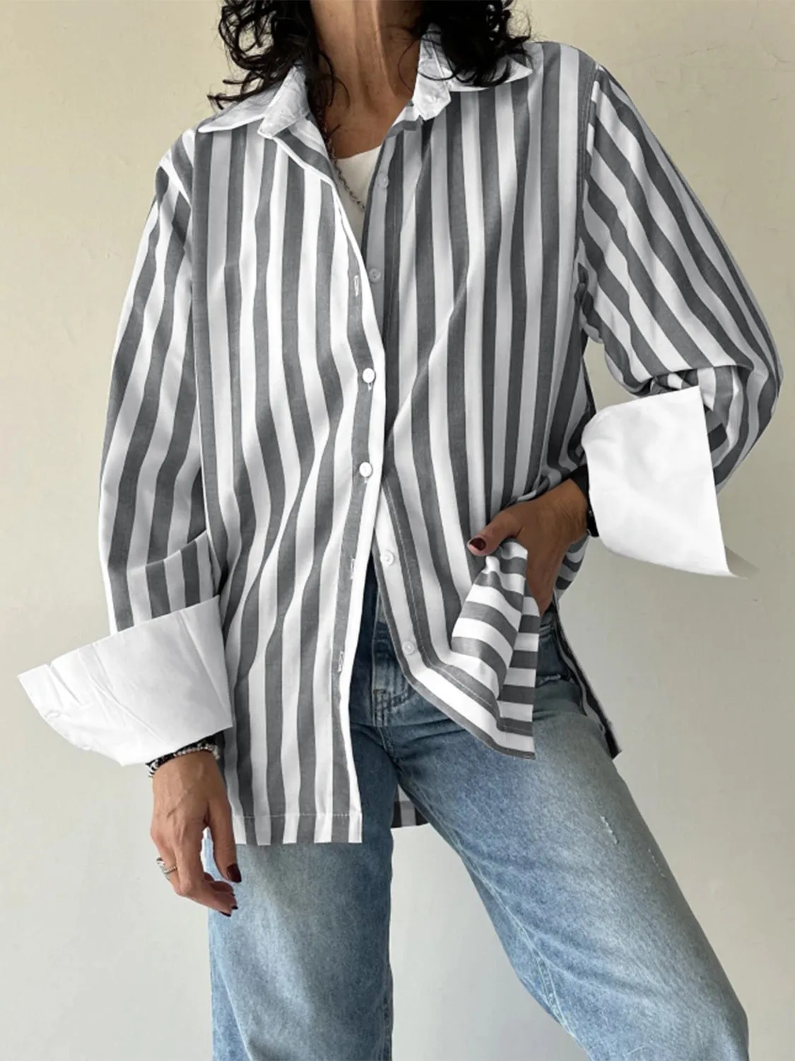 Striped Collared Neck Long Sleeve Shirt sold by Charming Charlie