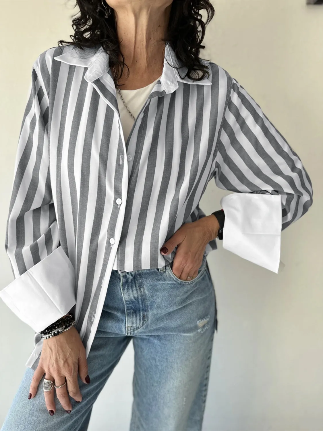 Striped Collared Neck Long Sleeve Shirt sold by Charming Charlie product image thumbnail 5