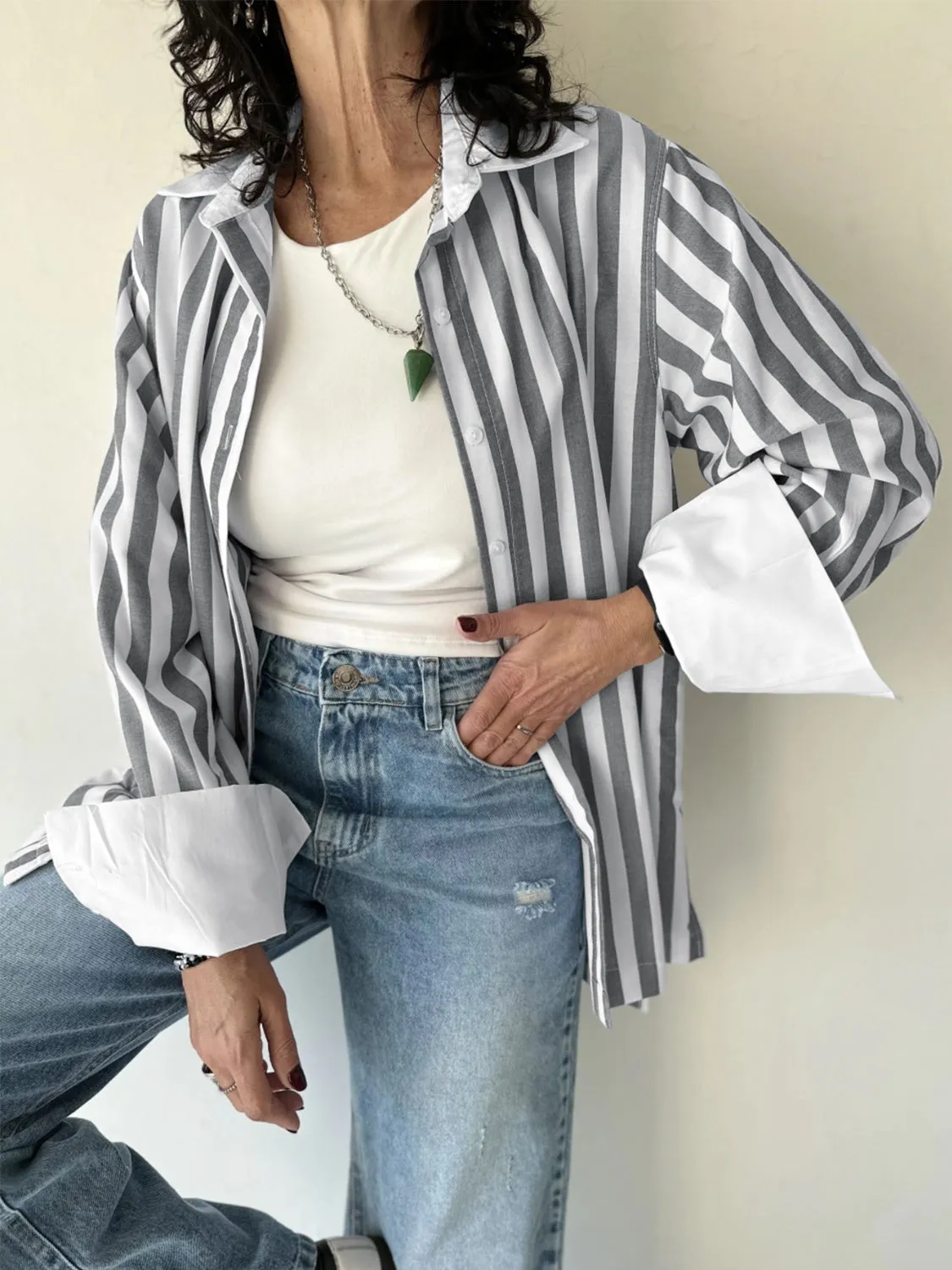 Striped Collared Neck Long Sleeve Shirt sold by Charming Charlie product image thumbnail 2