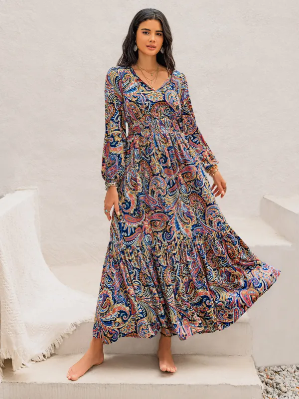 Printed Tie Neck Long Sleeve Midi Dress sold by Charming Charlie