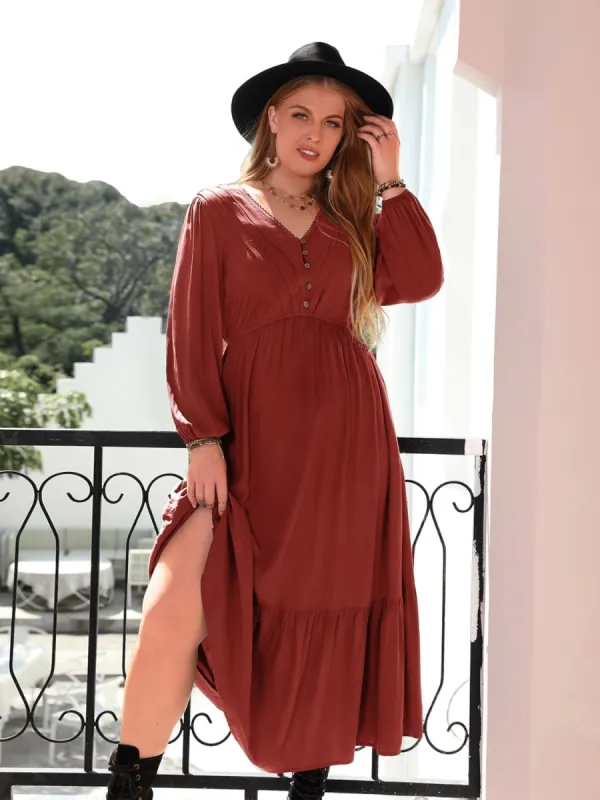 Plus Size Quarter Button V-Neck Long Sleeve Dress sold by Charming Charlie