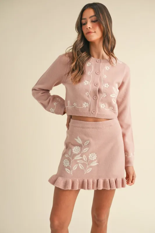 MABLE Floral Embroidered Crop Cardigan and Ruffled Mini Skirt Set sold by Charming Charlie