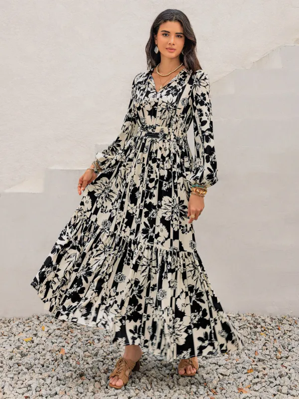 Smocked Printed Tie Neck Long Sleeve Dress sold by Charming Charlie
