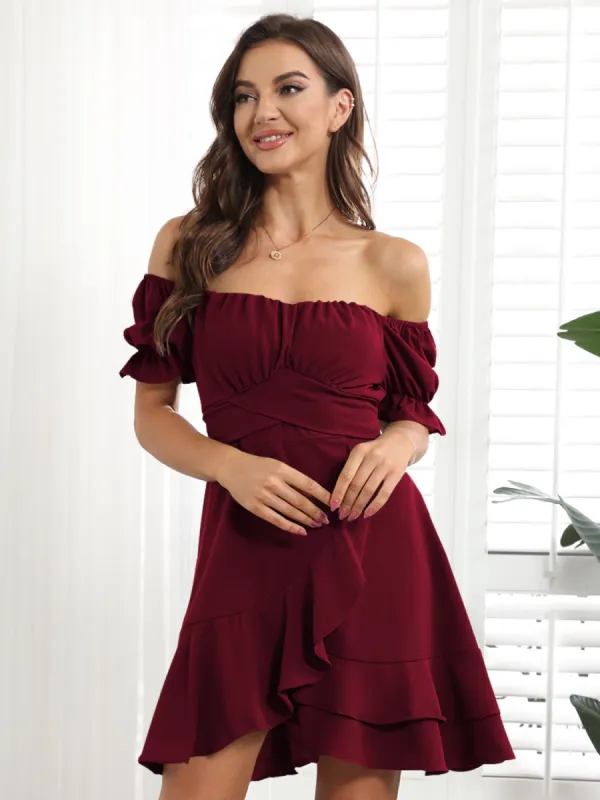 Tied Ruffled Short Sleeve Mini Dress sold by Charming Charlie