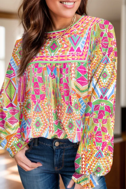 Geometric Printed Round Neck Long Sleeve Blouse sold by Charming Charlie