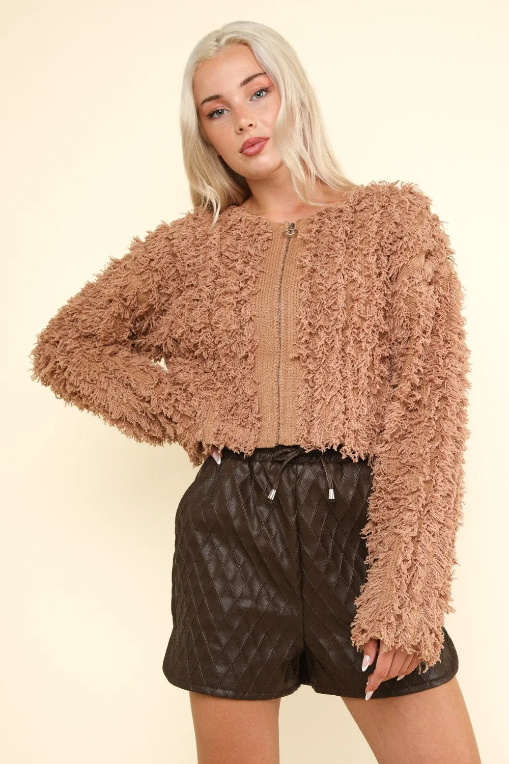 VERY J Shaggy Yarn Knit Zip Up Jacket sold by Charming Charlie product image thumbnail 3