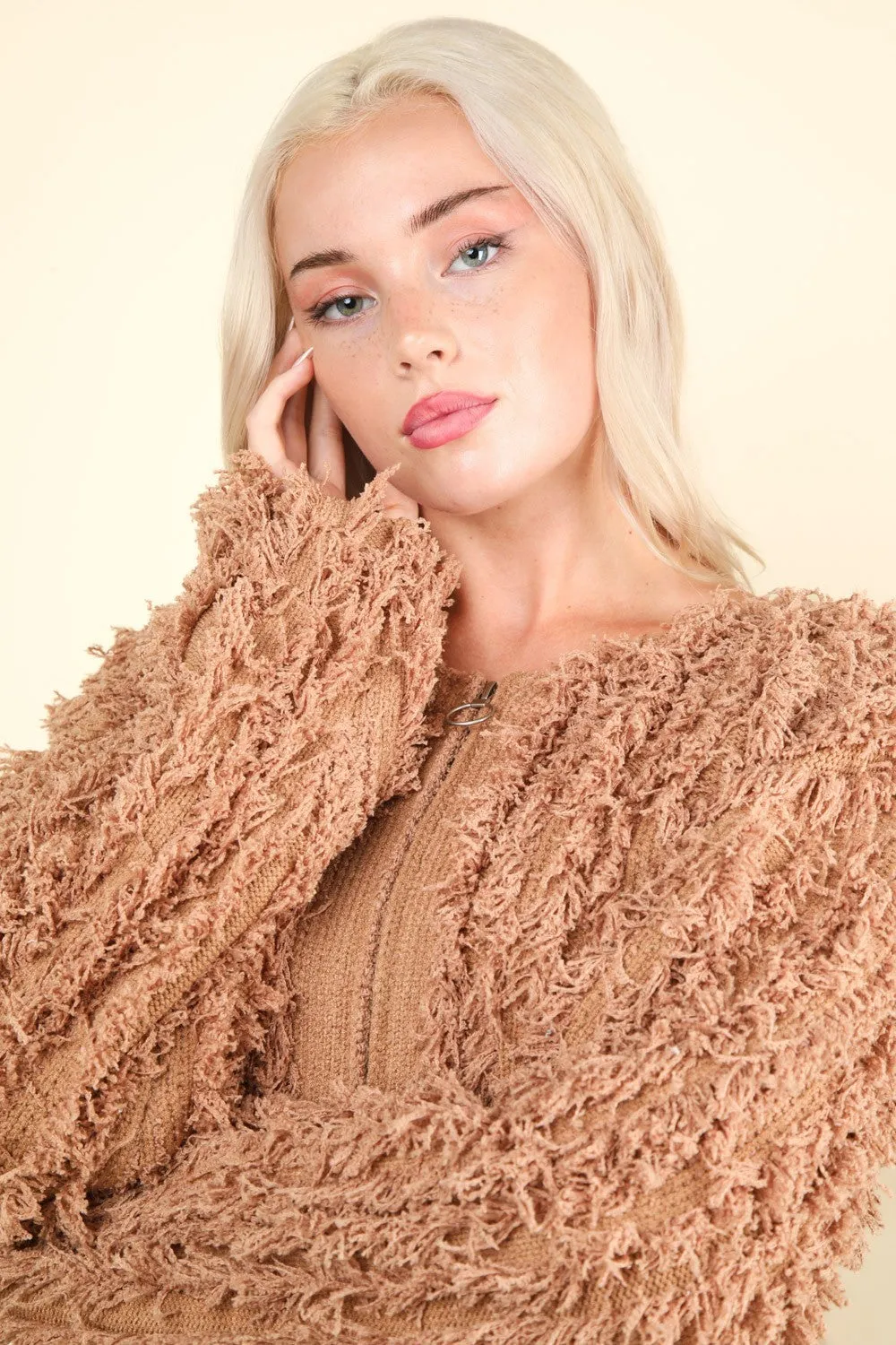 VERY J Shaggy Yarn Knit Zip Up Jacket sold by Charming Charlie product image thumbnail 4