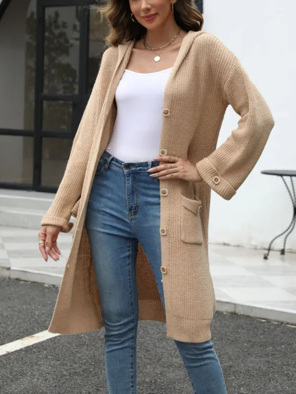 Pocketed Button Up Long Sleeve Hooded Cardigan sold by Charming Charlie