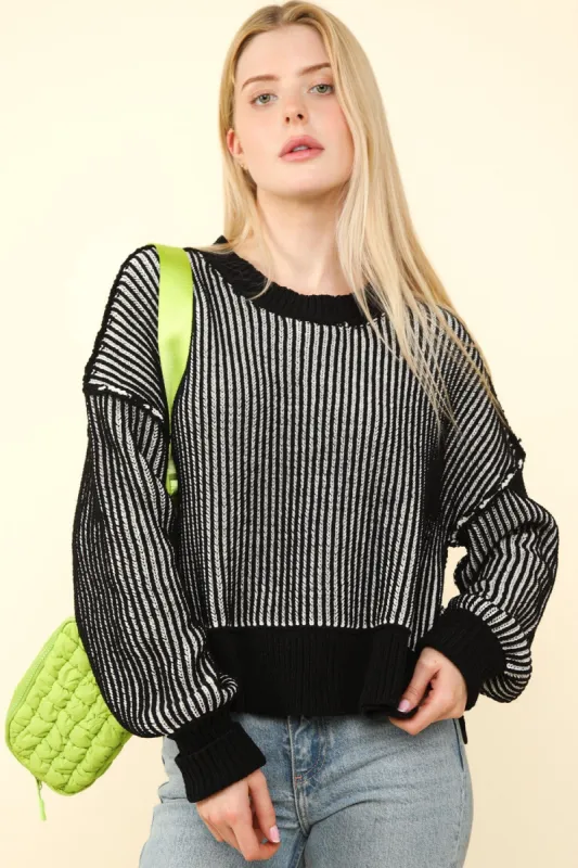 VERY J Exposed Seam Cropped Striped Slit Sweater sold by Charming Charlie