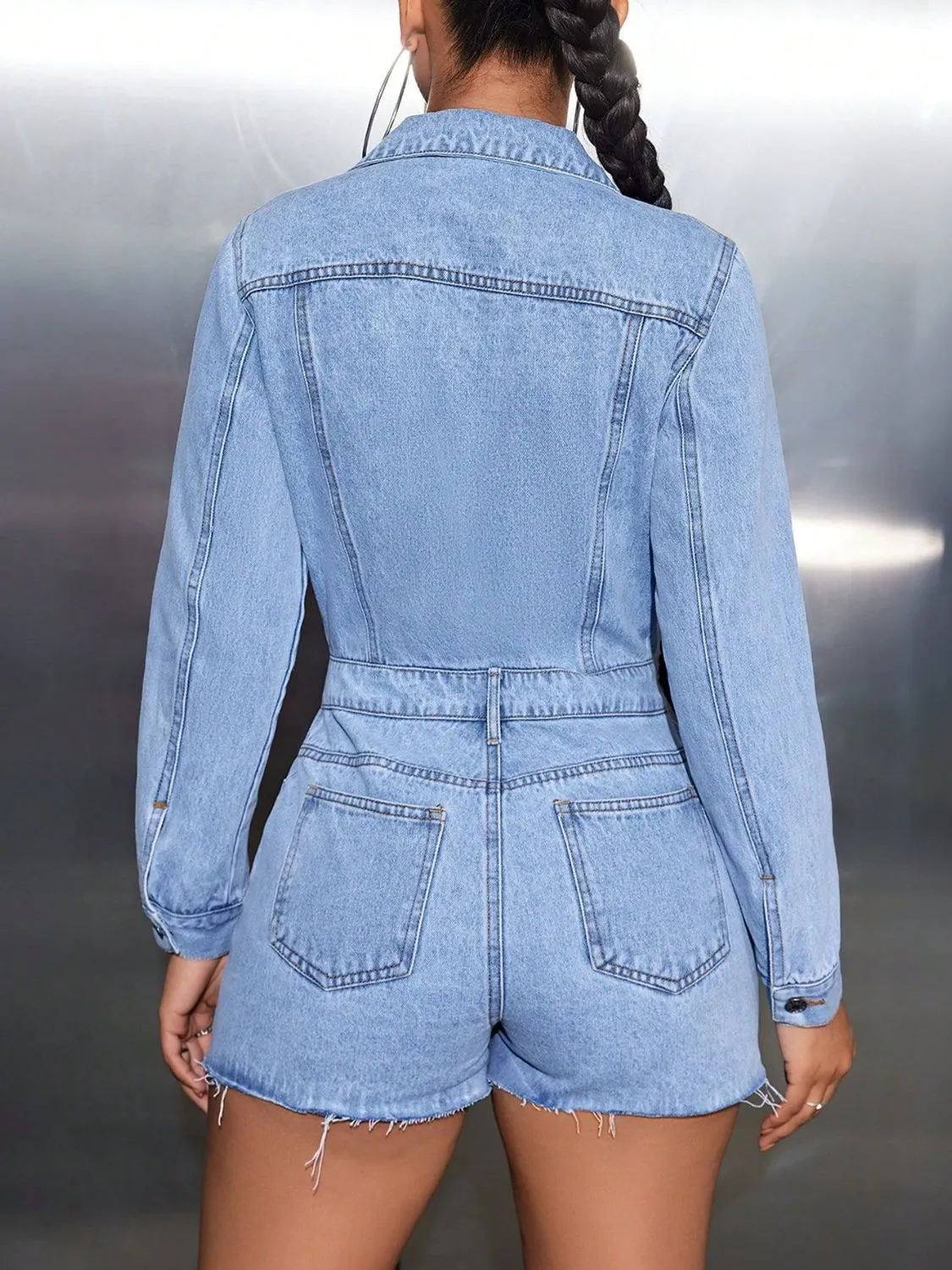 Buttoned Collared Neck Long Sleeve Denim Romper sold by Charming Charlie product image thumbnail 2