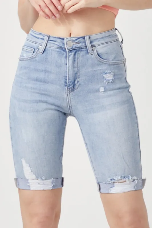 RISEN High Rise Distressed Denim Bermuda Shorts sold by Charming Charlie