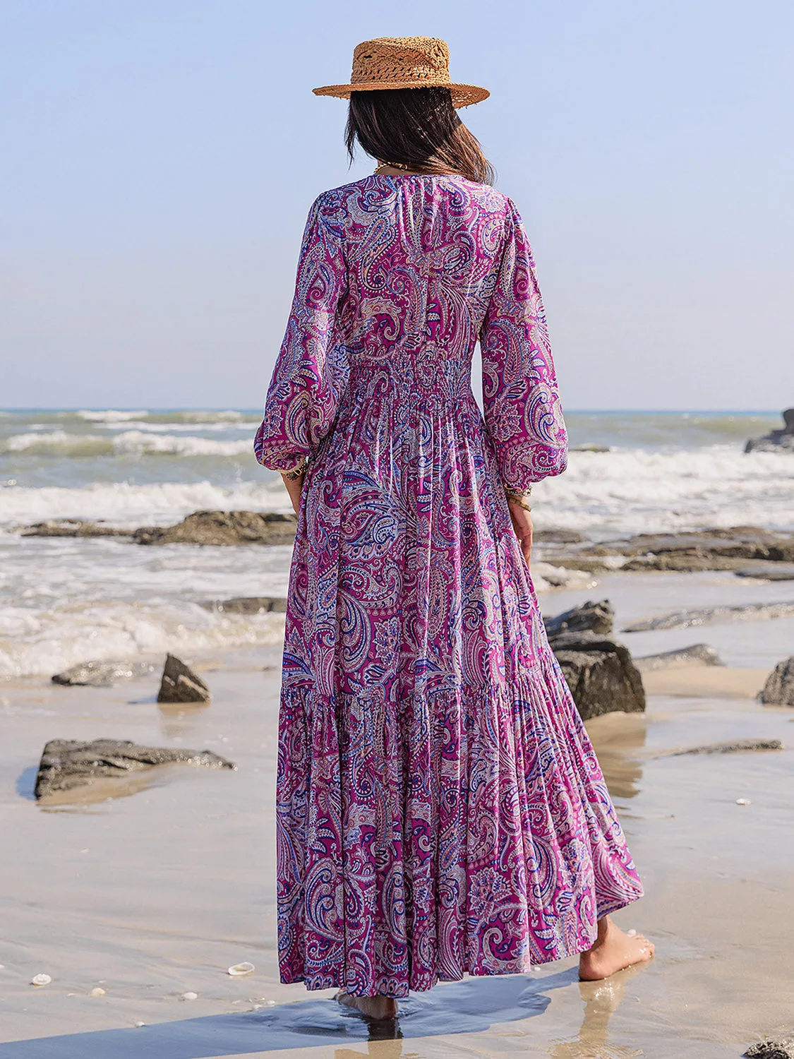 Printed Tie Neck Balloon Sleeve Maxi Dress sold by Charming Charlie product image thumbnail 2