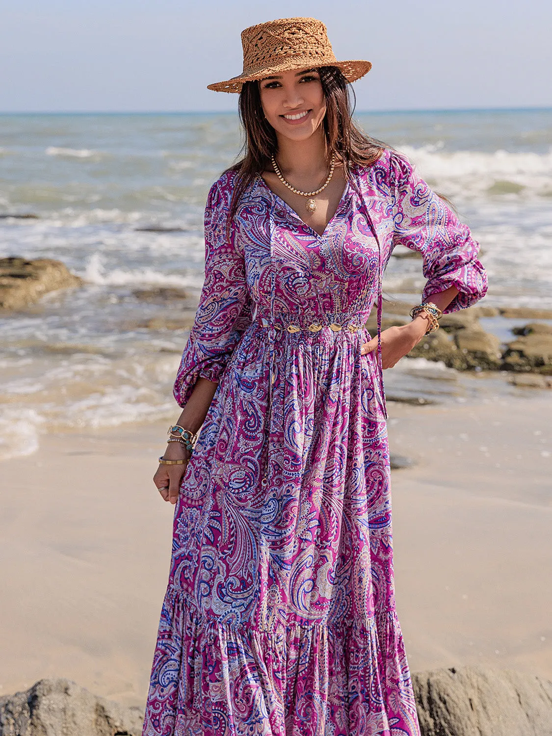 Printed Tie Neck Balloon Sleeve Maxi Dress sold by Charming Charlie product image thumbnail 3