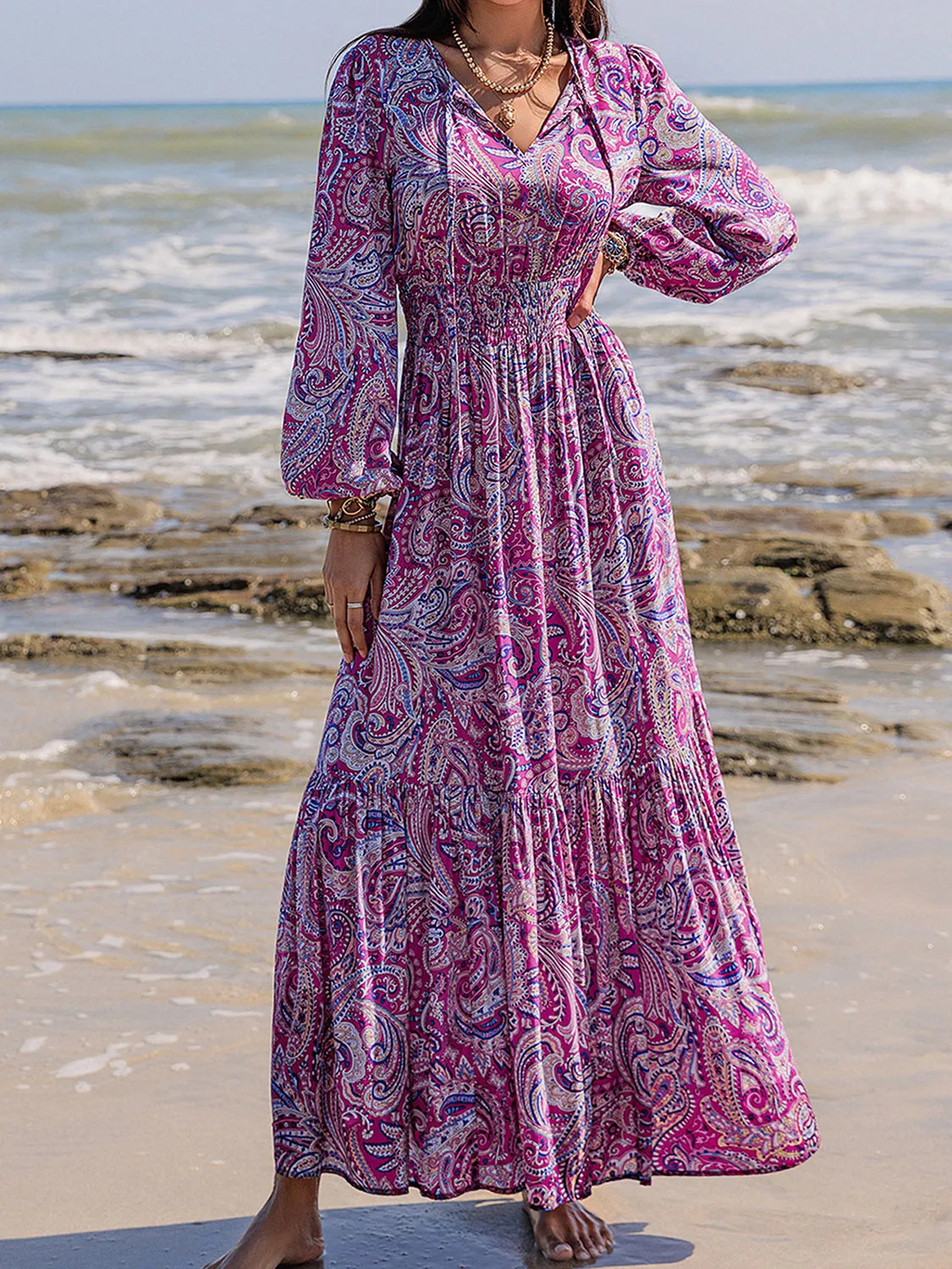 Printed Tie Neck Balloon Sleeve Maxi Dress sold by Charming Charlie product image thumbnail 4
