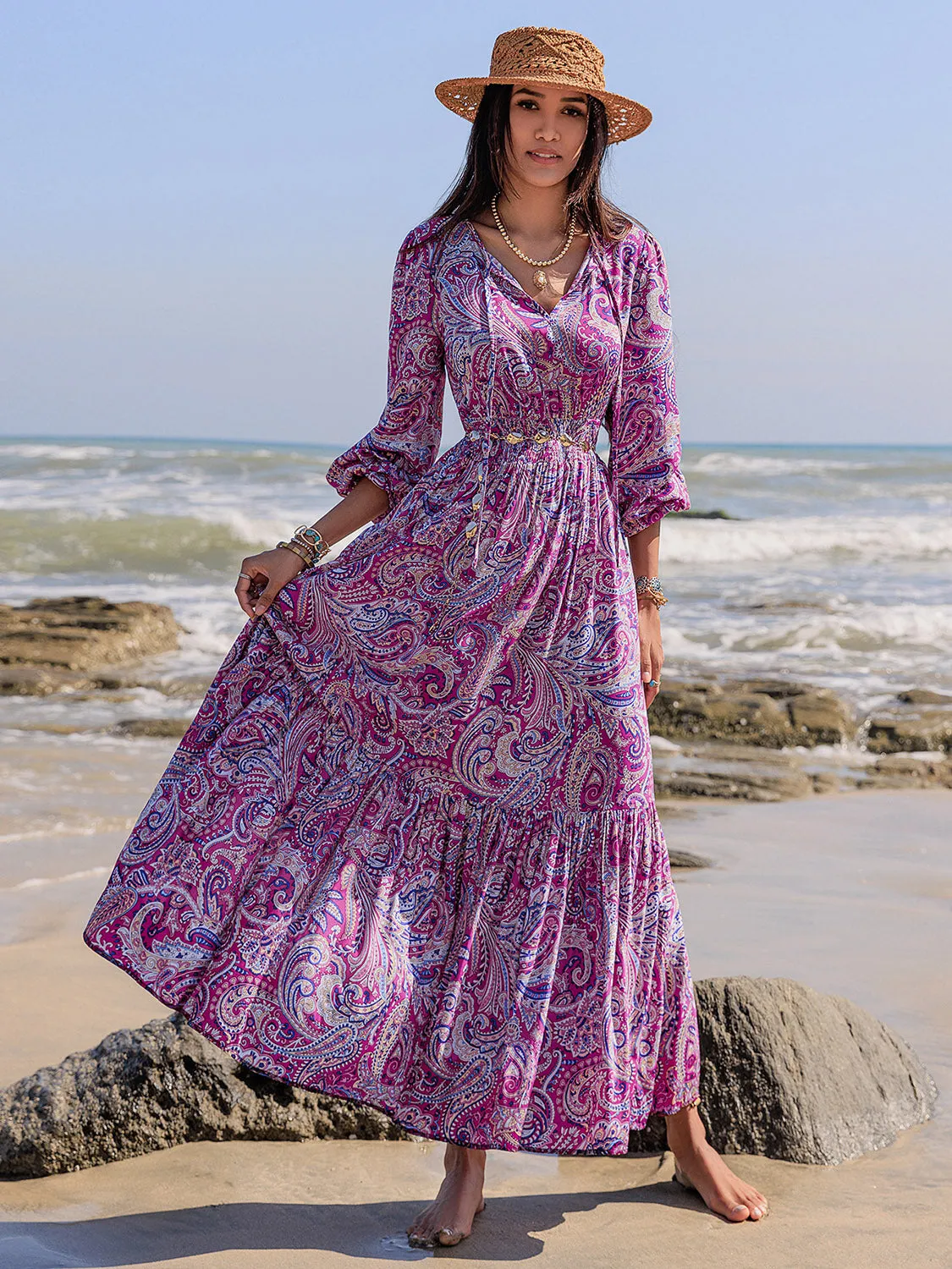 Printed Tie Neck Balloon Sleeve Maxi Dress sold by Charming Charlie