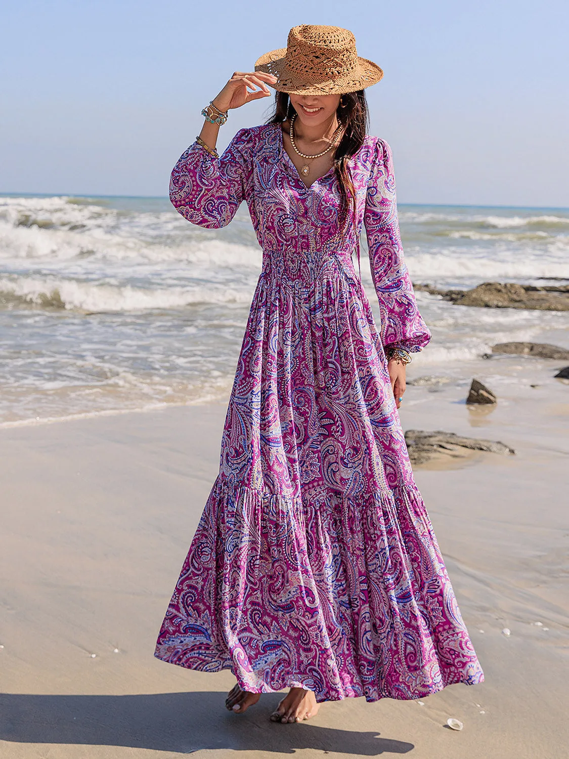 Printed Tie Neck Balloon Sleeve Maxi Dress sold by Charming Charlie product image thumbnail 5