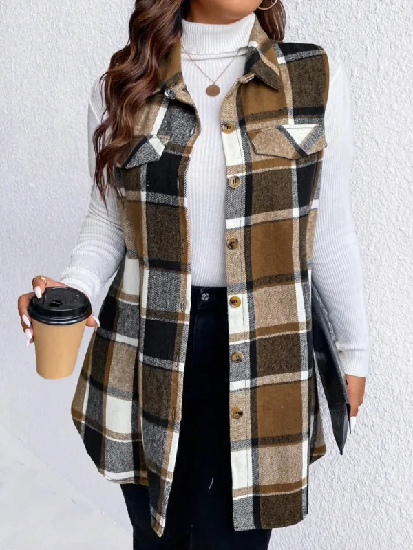 Honey Plus Size Pocketed Plaid Button Up Vest Coat sold by Charming Charlie
