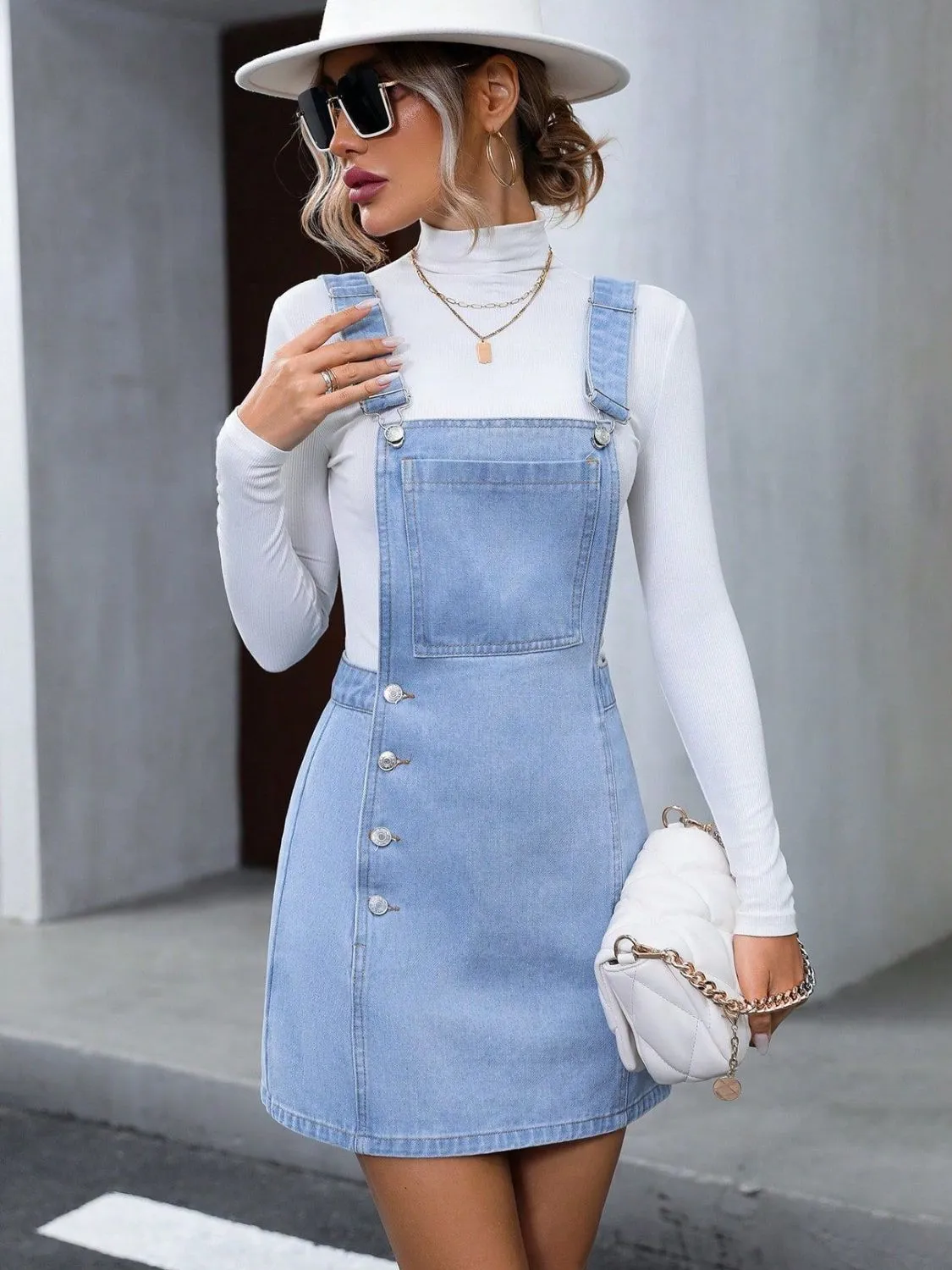Wide Strap Denim Overall Dress sold by Charming Charlie