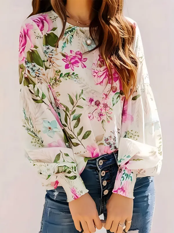 Printed Round Neck Lantern Sleeve Blouse sold by Charming Charlie