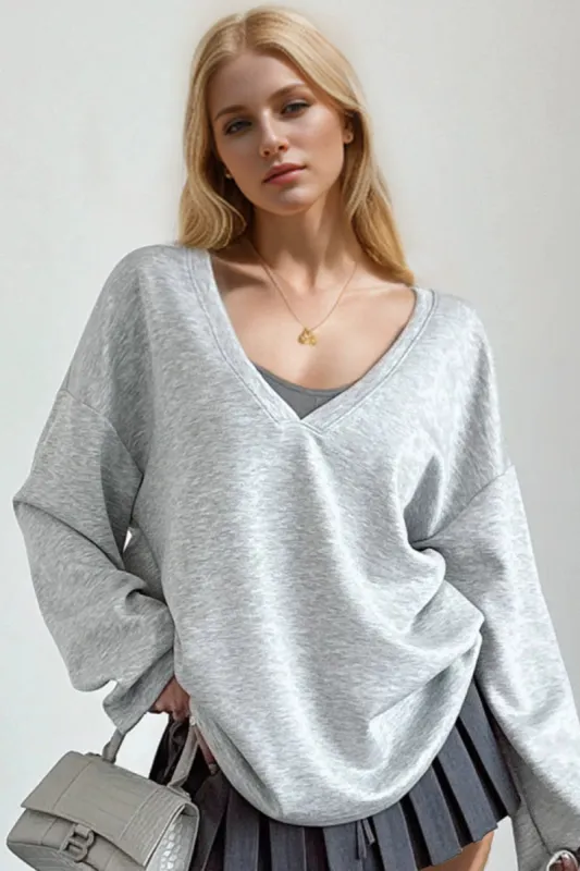 Basic Bae V-Neck Dropped Shoulder Long Sleeve Sweatshirt with Bra sold by Charming Charlie