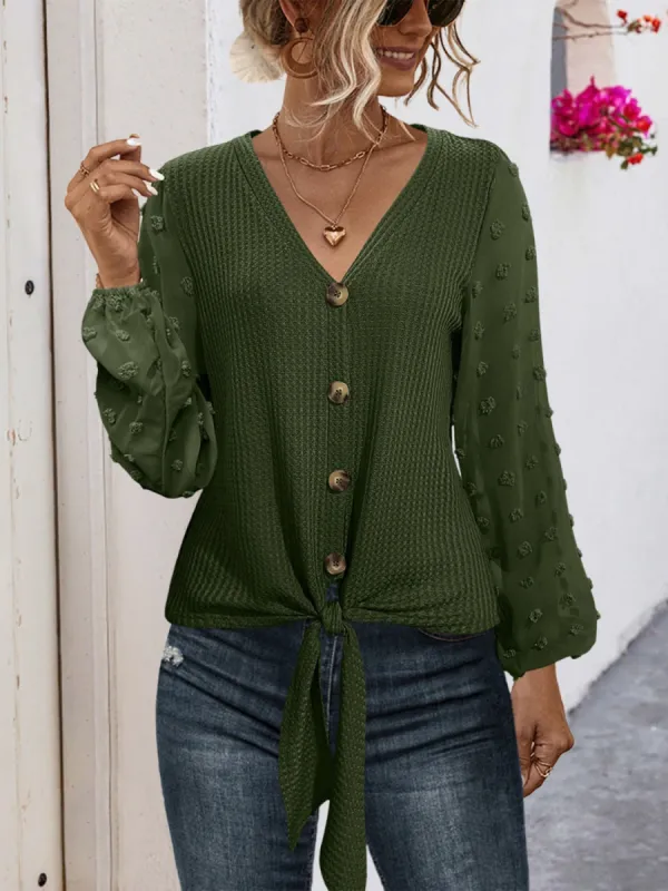 Tied Swiss Dot V-Neck Long Sleeve Blouse sold by Charming Charlie