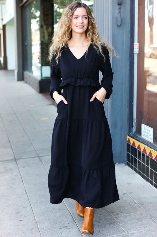 Beautiful You Black Pintuck Detail Frill V Neck Maxi Dress sold by Charming Charlie