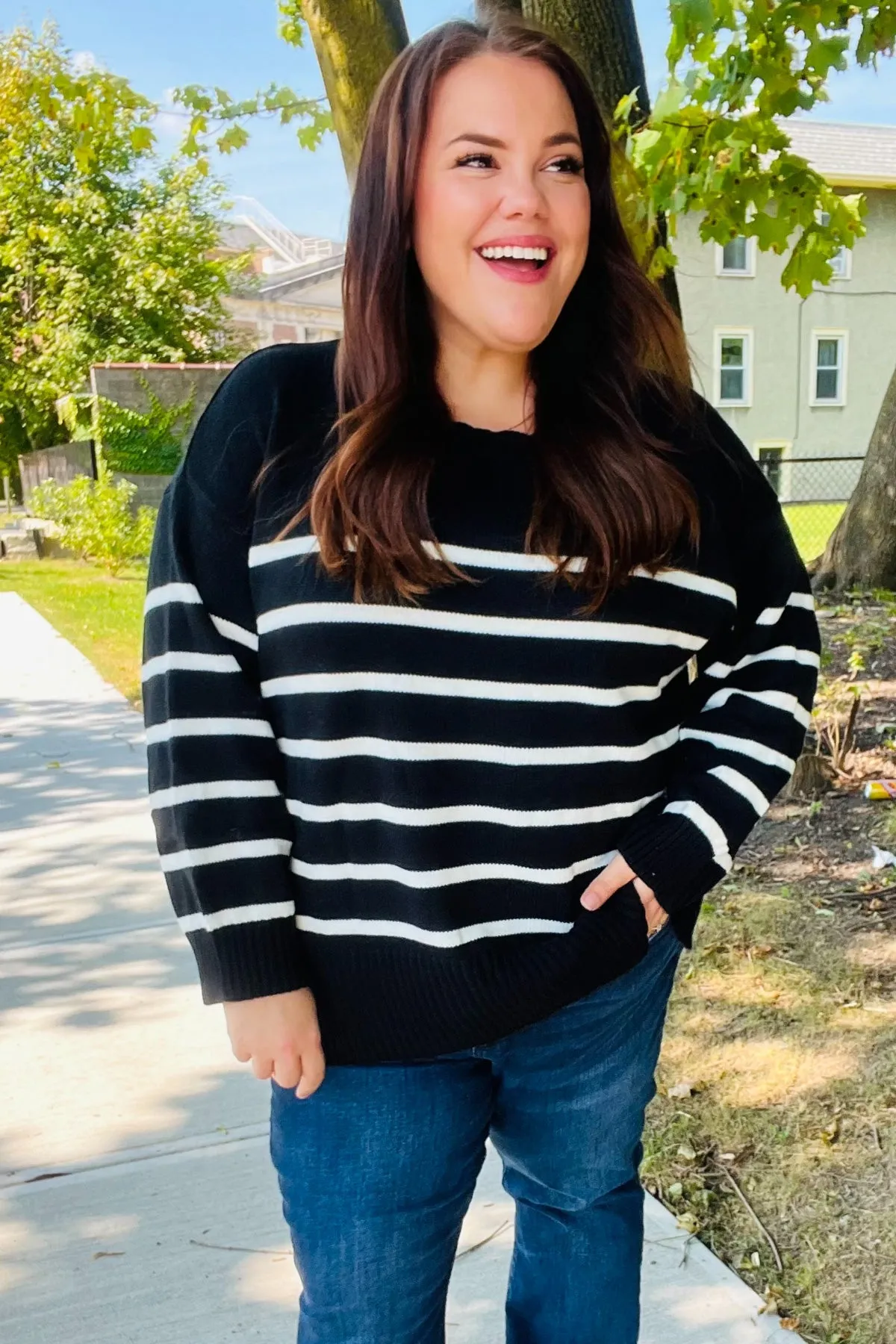 Stand Out Black Striped Oversized Knit Sweater sold by Charming Charlie