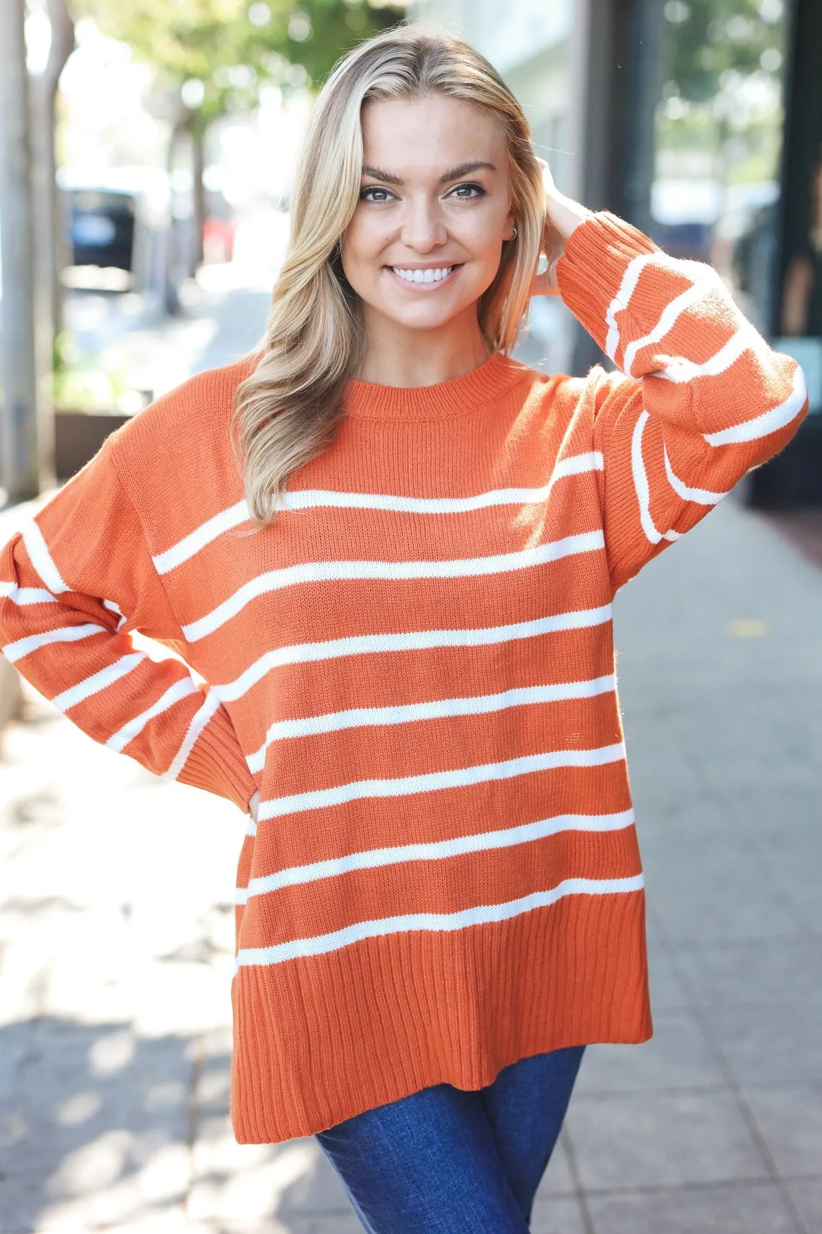 Stand Out Rust Striped Oversized Knit Sweater sold by Charming Charlie product image thumbnail 5