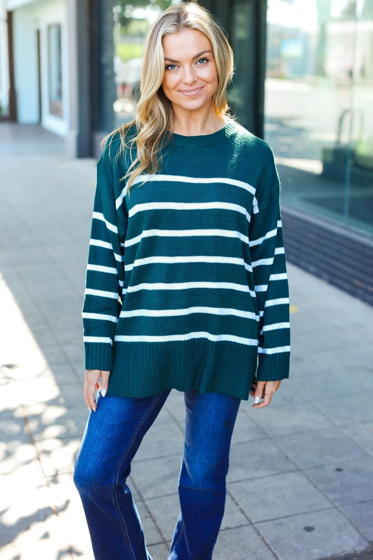 Stand Out Hunter Green Striped Oversized Knit Sweater sold by Charming Charlie product image thumbnail 5