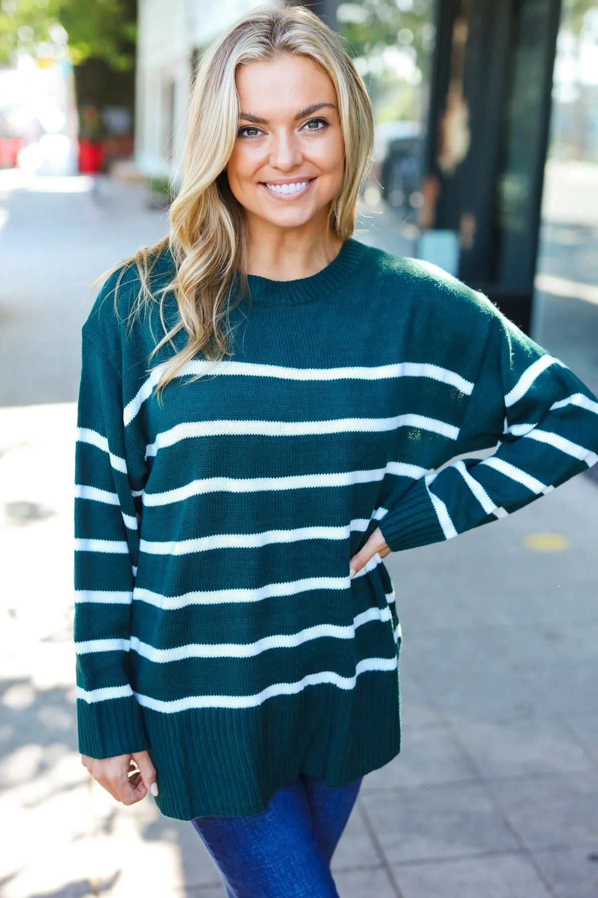 Stand Out Hunter Green Striped Oversized Knit Sweater sold by Charming Charlie
