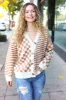 Cozy Days Taupe Checkered & Striped Button Down Cardigan sold by Charming Charlie