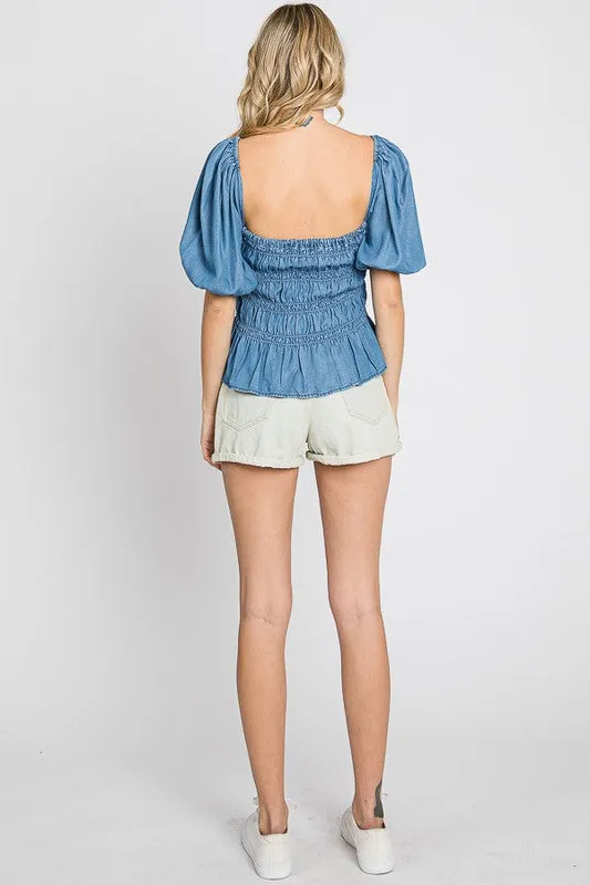 Denim Smocked Peplum Top sold by Charming Charlie product image thumbnail 5