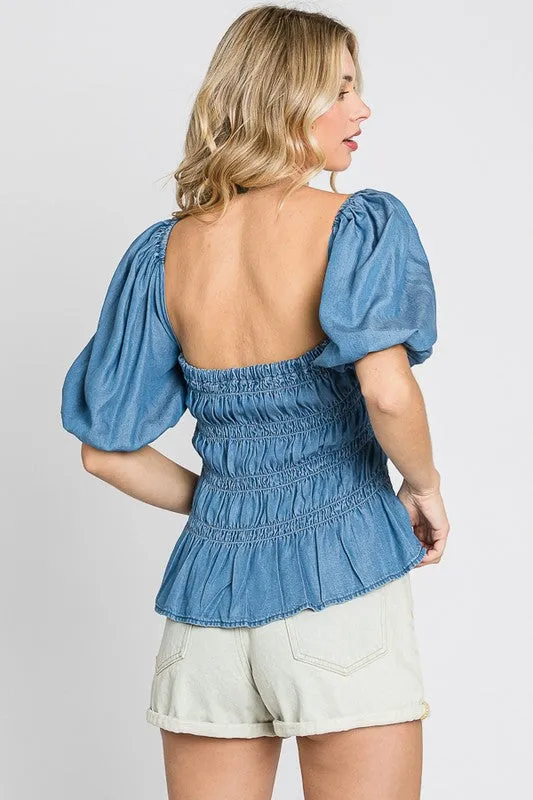 Denim Smocked Peplum Top sold by Charming Charlie product image thumbnail 3