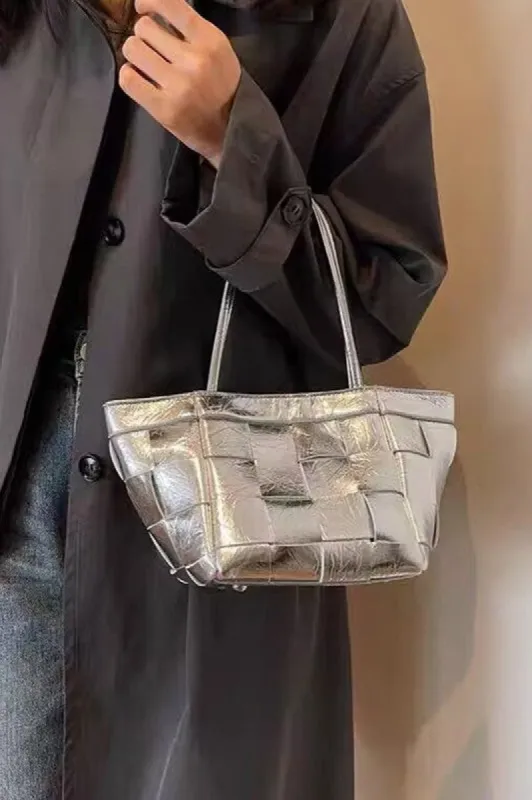 Metallic Faux Leather Weaved Small Tote Bag sold by Charming Charlie