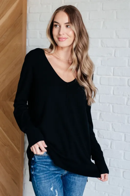 V-Neck Front Seam Sweater in Black sold by Charming Charlie