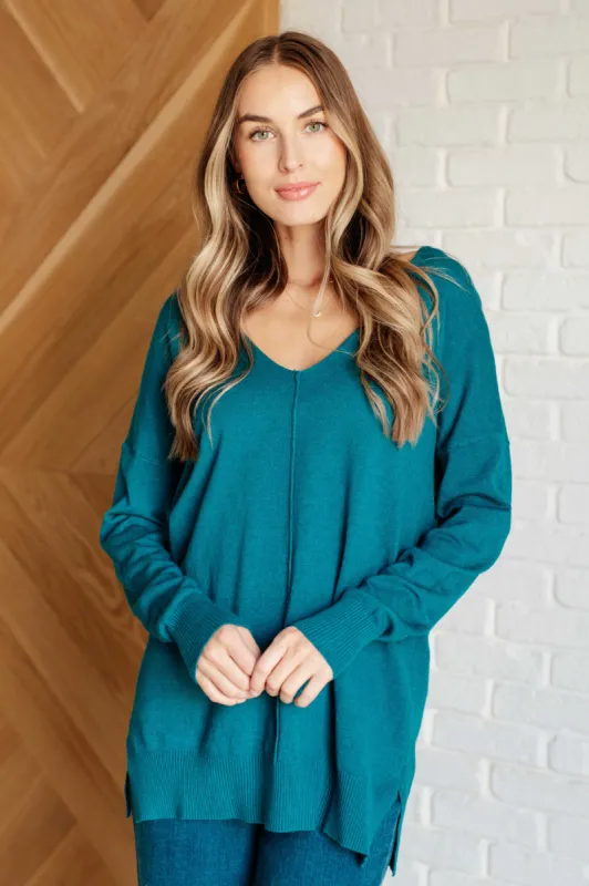 V-Neck Front Seam Sweater in Heather Ocean Teal sold by Charming Charlie
