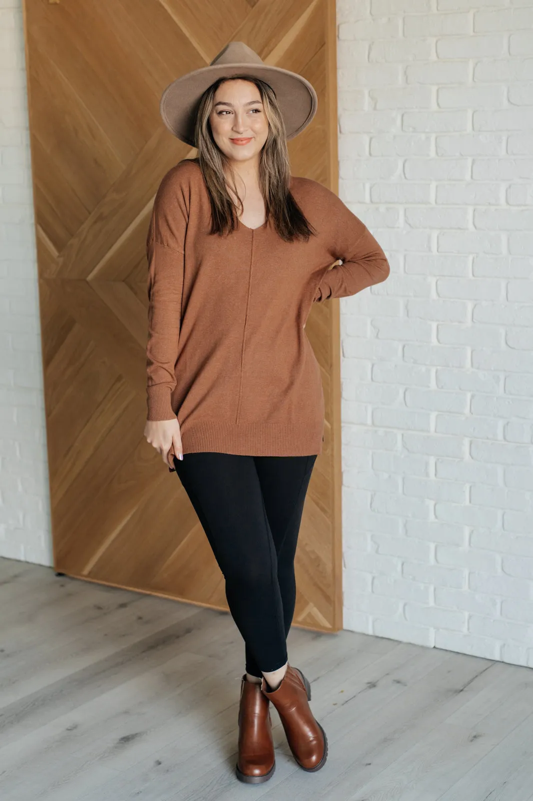 V-Neck Front Seam Sweater in Deep Camel sold by Charming Charlie product image thumbnail 4